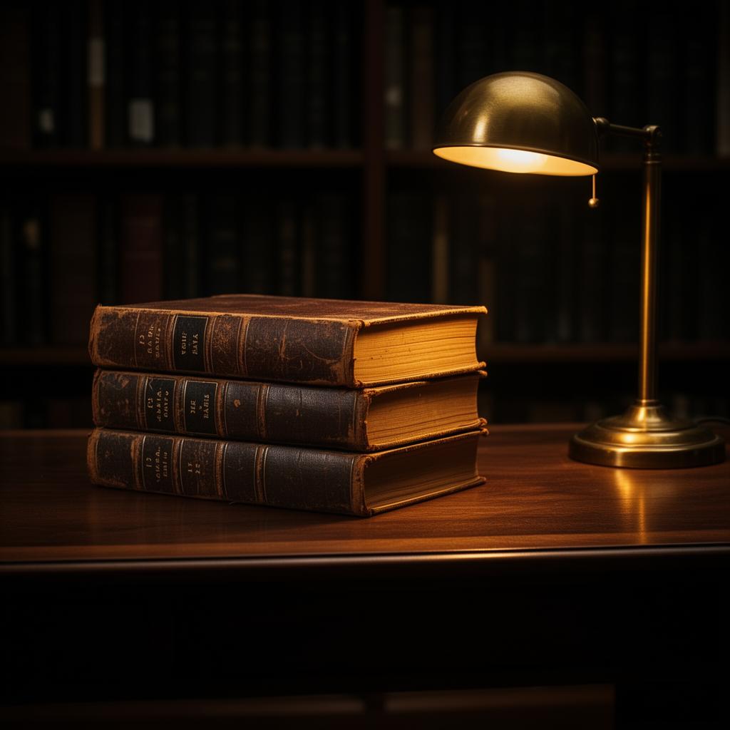 Antique law books on a walnut desk beside a brass lamp